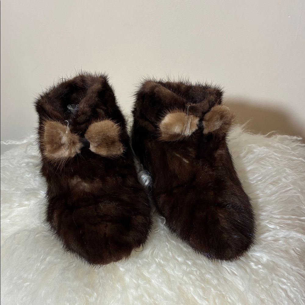 Vintage Fur Brown Slippers with Bow
